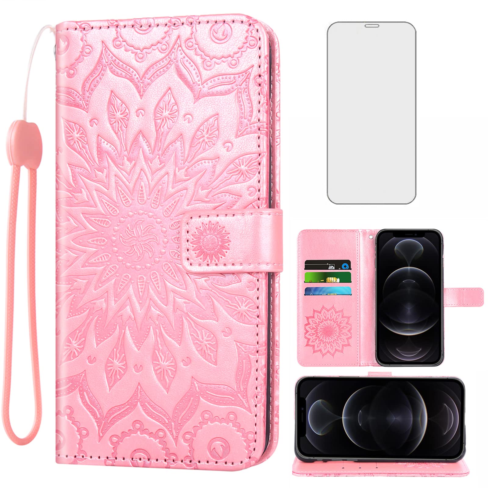 Phone Case for iPhone 12 Pro iPhone12 6.1 Wallet Cases with Tempered Glass Screen Protector Leather Slim Flip Cover Card Holder Stand Accessories