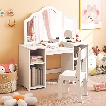 Costzon Kids Vanity, 2 in 1 Princess Makeup Desk & Chair Set with Detachable Tri-Folding Mirror, Storage Shelves, Wooden Toddler Vanity Dressing Table, Vanity Set for Little Girls White