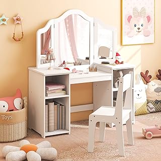 Costzon Kids Vanity, 2 in 1 Princess Makeup Desk & Chair Set with Detachable Tri-Folding Mirror, Storage Shelves, Wooden Toddler Vanity Dressing Table, Pretend Play Vanity Set for Little Girls (White)