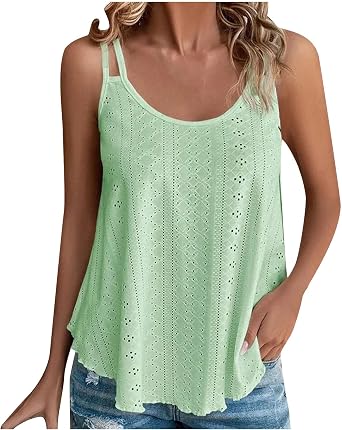 Summer Tops for Women 2024 Eyelet Embroidery Scoop Neck Tank Tops Loose Fit Sleeveless Blouse Shirts Casual Clothing
