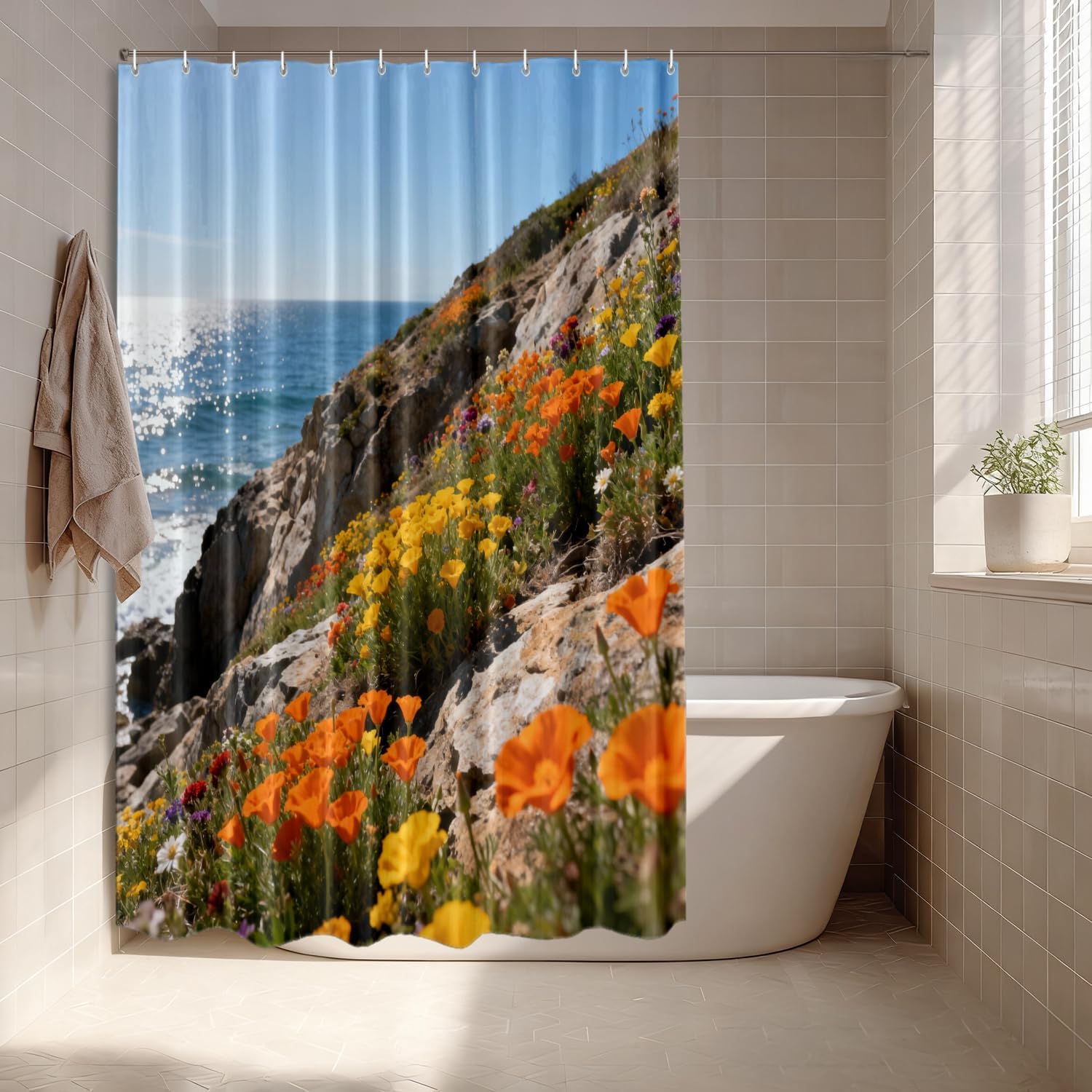 Batmerry Ocean California Decorative Shower Curtain, Poppies Ocean Big California Coast Orange Poppy Cute Long Wide with Rust Proof Grommets for Bathroom Waterproof Washable, 72x72 inches