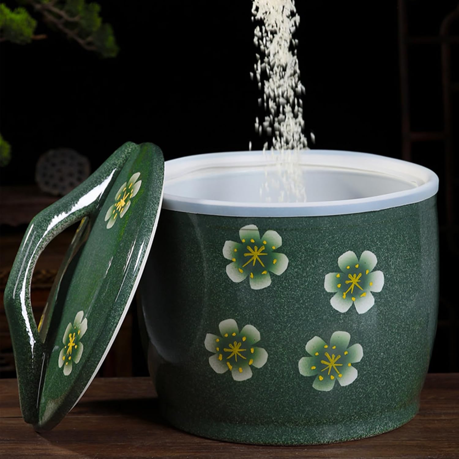 JSWHYBD Ceramic Rice Storage Container, 13/25/33 Lbs Large Capacity Rice Dispenser with Airtight Lid, Vintage Floral Rice Bucket for Rice, Flour, Grains, Kitchen Pantry Food Storage Jar Capacity-13lb