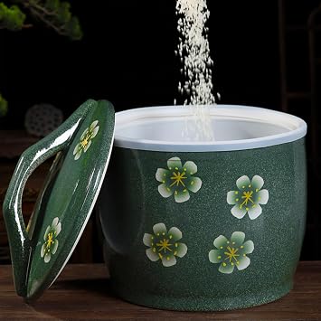 JSWHYBD Ceramic Rice Storage Container, 13/25/33 Lbs Large Capacity Rice Dispenser with Airtight Lid, Vintage Floral Rice Bucket for Rice, Flour, Grains, Kitchen Pantry Food Storage Jar Capacity-33lb