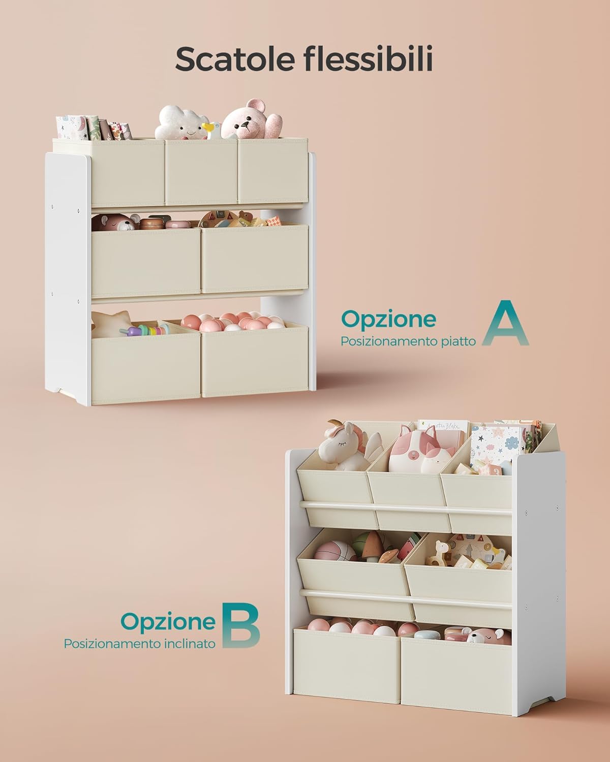 Two configurations of the toy storage shelf, one with flat bins and one with tilted bins
