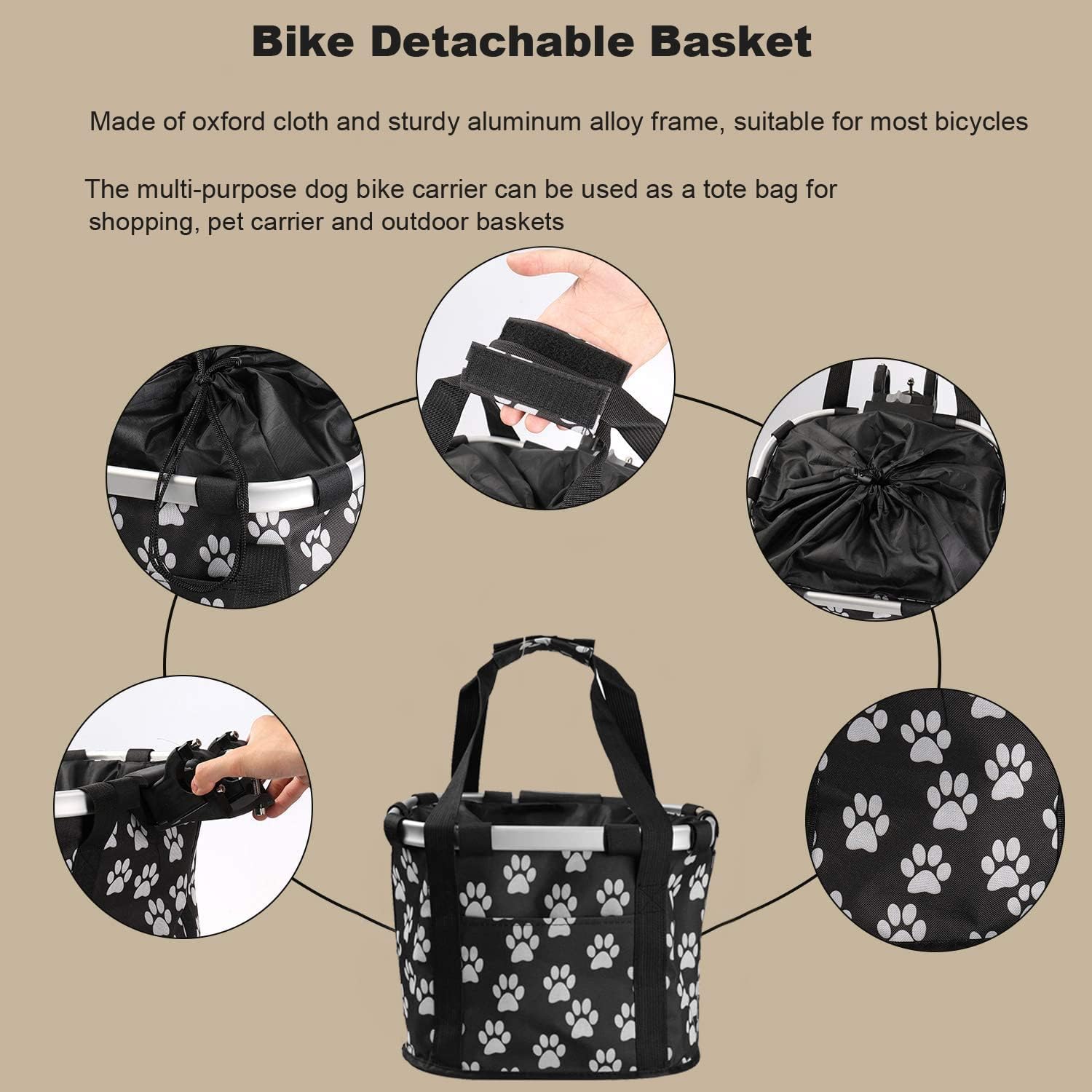 Detachable Bike Basket, Dog Cat Bicycle Handlebar Front Bag Pet Carrier with 5 FT Dog Leash for Cycling, Shopping, Picnic, and Outdoor