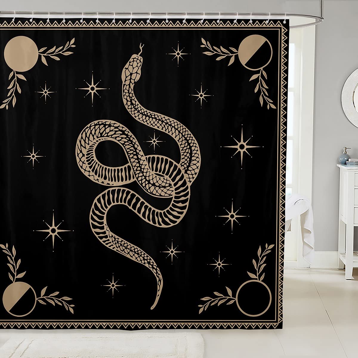 Castle Fairy Snake Printed Shower Curtain Boho Sun and Moon Bathroom Shower Curtain Set for Kids Adult Starry Sky Galaxy Bath Curtain Black and Brown Waterproof Curtains Room Decor 72 x 72 Inch