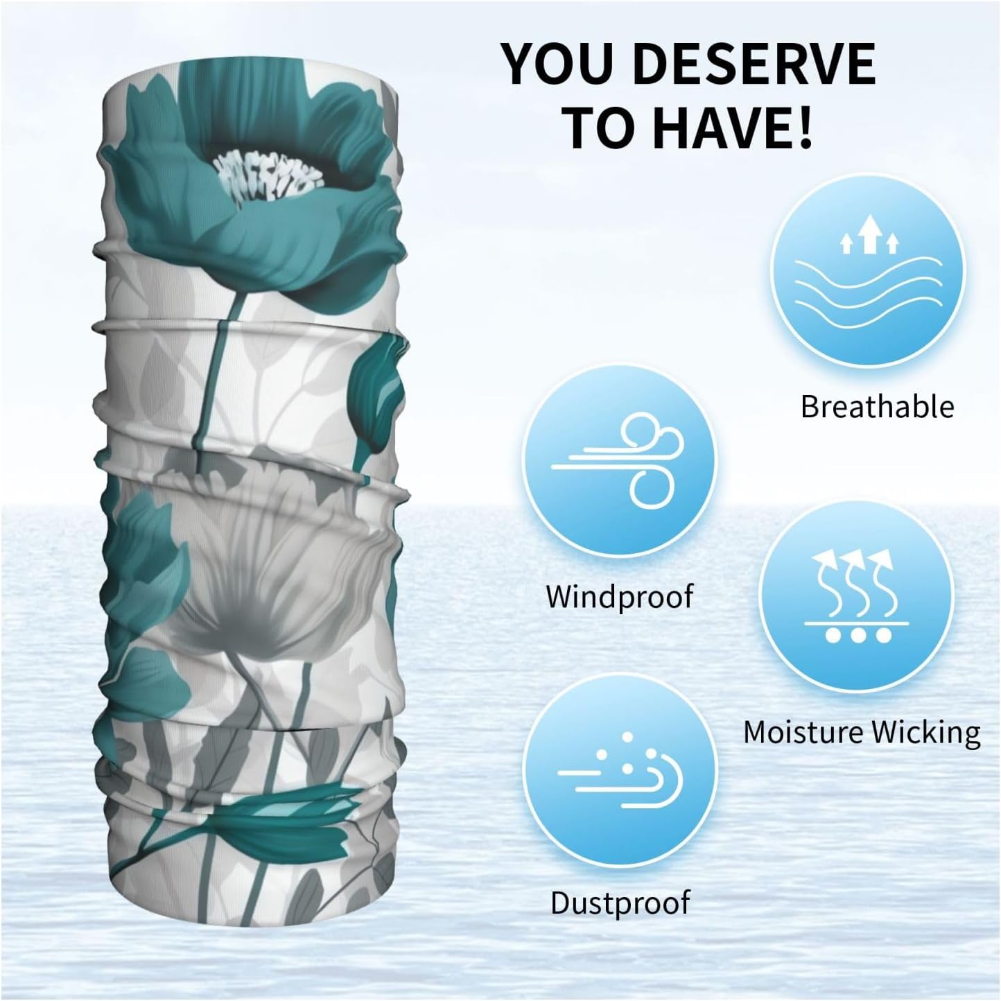 Teal Grey and White Floral Neck Gaiter UV Sun Protection Face Mask Scarf Cooling Breathable Face Cover for Men Women Elastic Balaclavas Versatile Bandana, Sun & Wind-proof for Skiing Hiking