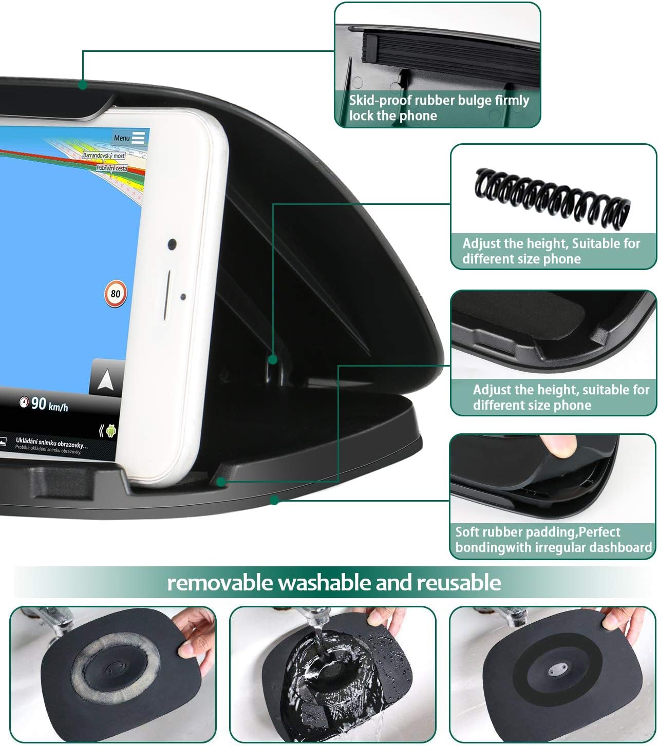 GPS Holder for Car, Cell Phone Holder Car Dashboard,Reusable Silicone Pad Universal Car Mount Cradle Compatible for Garmin GPS, iPhone Xs Mas 8 Plus,Samsung Galaxy S10 S9 S8,3 to 6.8 inch Phones
