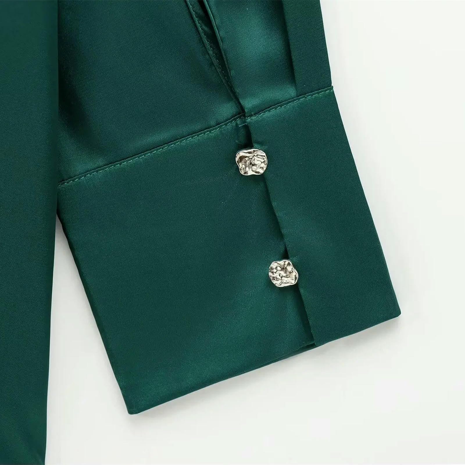 Camicia Donna da in Raso A Maniche Lunghe Forma di V Primaverile Decorata con Bottoni, Top Casual per Pendolari Versatile-Verde-s
