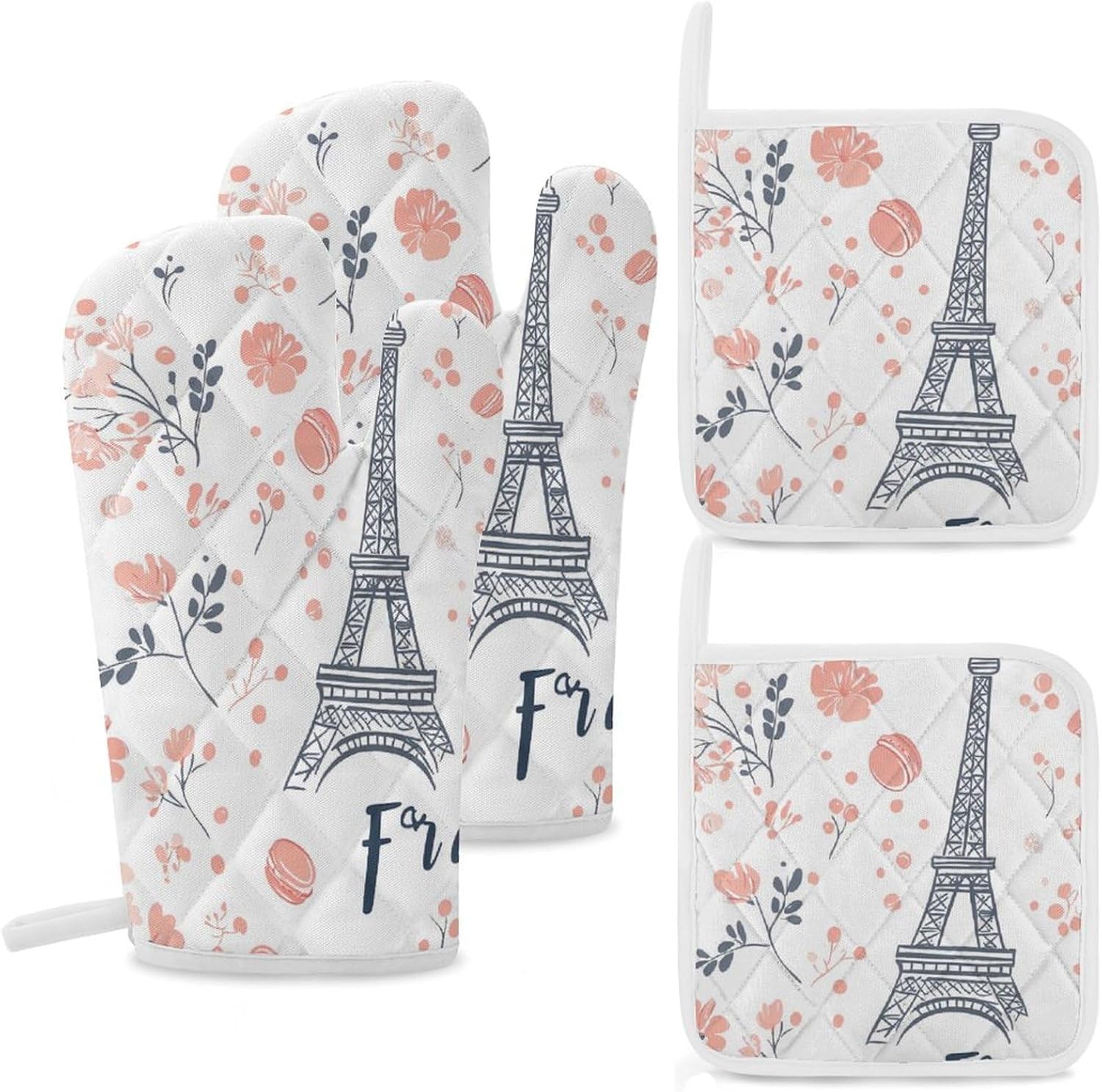 Eiffel Tower Paris French Macarons Oven Mitts and Pot Holders 4Pcs Set Heat Resistant Cooking Mitts Hot Pads