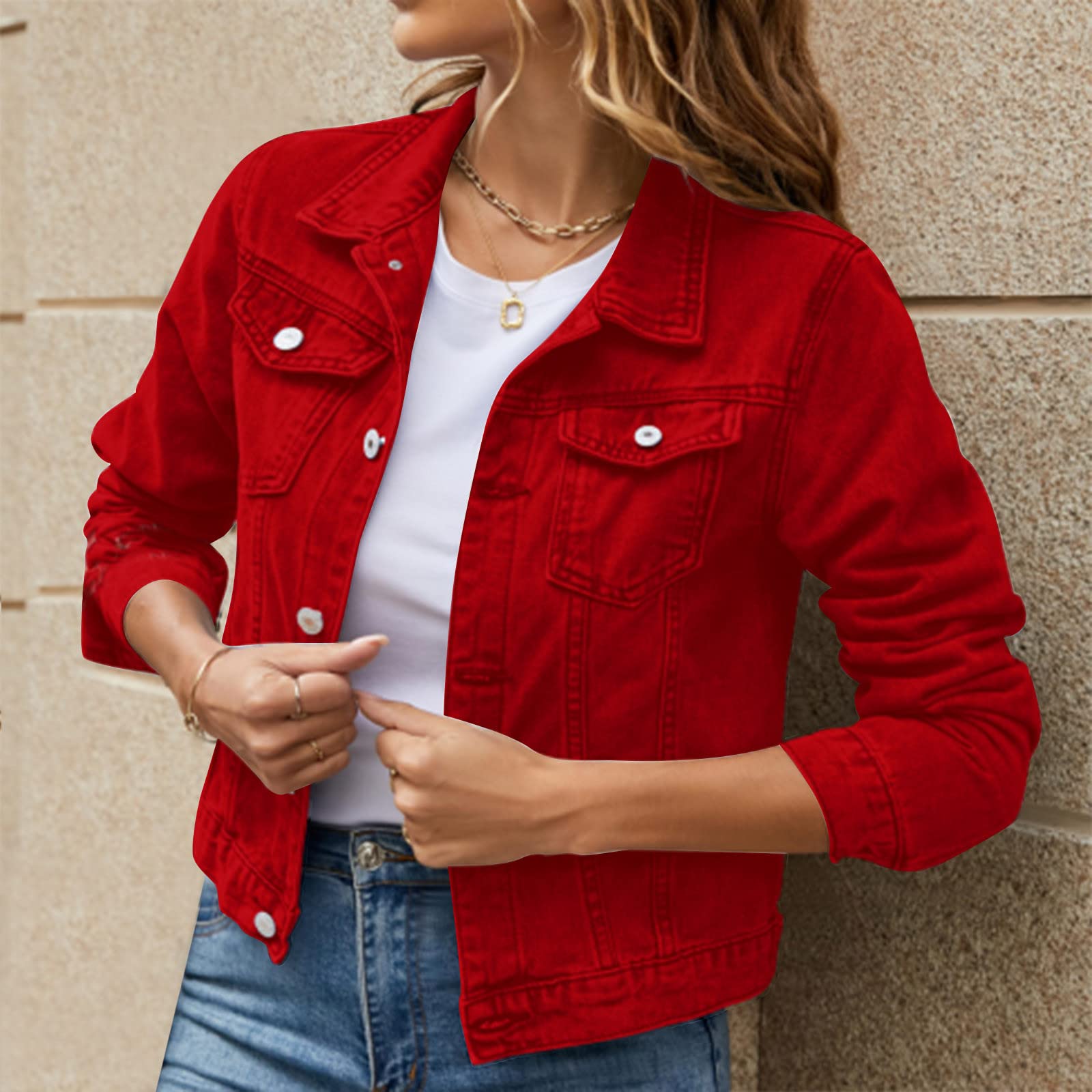Veste en jean pour femme - Vintage - Veste en jean - Automne - Veste courte de transition avec bouton - Casual Revers Kura