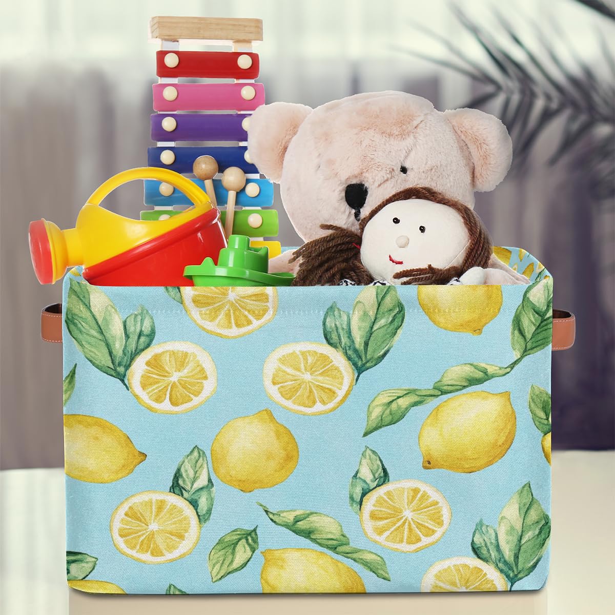 Mexpekil Cesta de almacenamiento de juguetes para niños, plegable, con hojas de limones amarillos, organizador de tela para estantes, cesta de regalo grande con asas, 2 unidades
