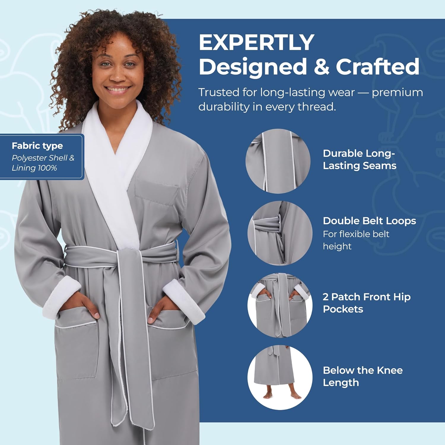 MONARCH Unisex Plush Lined Microfiber Bath Robe - Soft Shell with Polyester Lining, Resort-Grade Hotel & Spa Robe with Pocket - Image 4