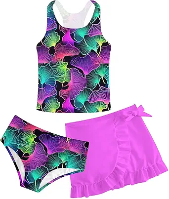 Girls Swimsuits 3 Piece Tankini Bathing Suit Set Cute Bikini Swimwear with Cover Ups Beach Skirt 5-16 Years
