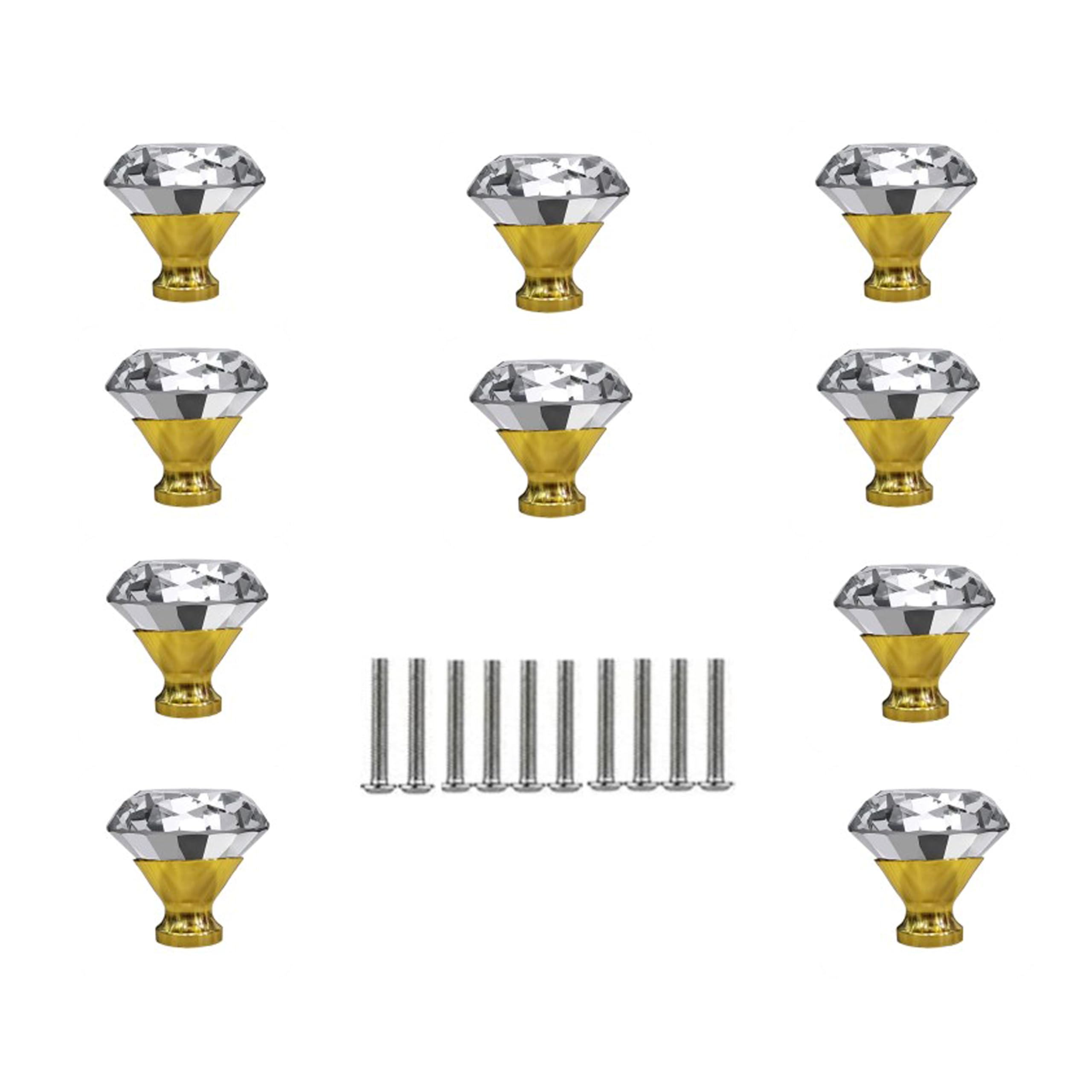 Clear Glass Crystal Shape Cabinet knobs - Pack of 10, Polished Finish (Diamond Gold 30mm)