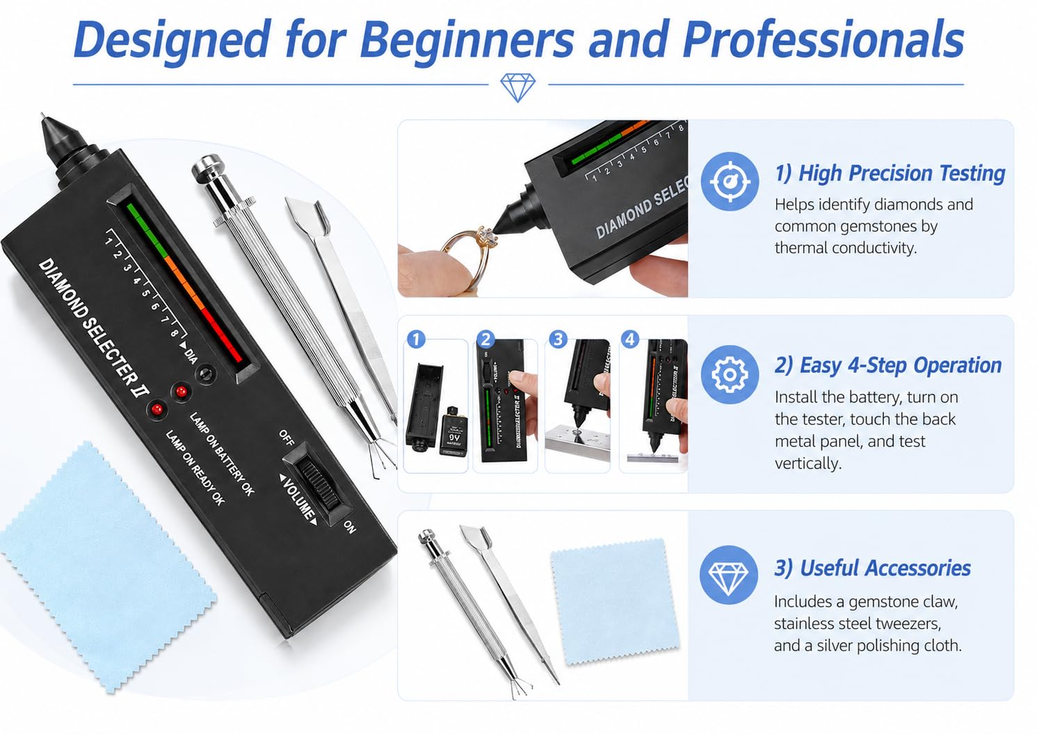 Diamond Tester Pen Kit, Professional Gemstone Tester with Jewelers Loupe, Gemstone Claw, Stainless Steel Tweezers and Silver Polishing Cloth for Diamond, Crystal, Jade, Ruby, Sapphire Testing