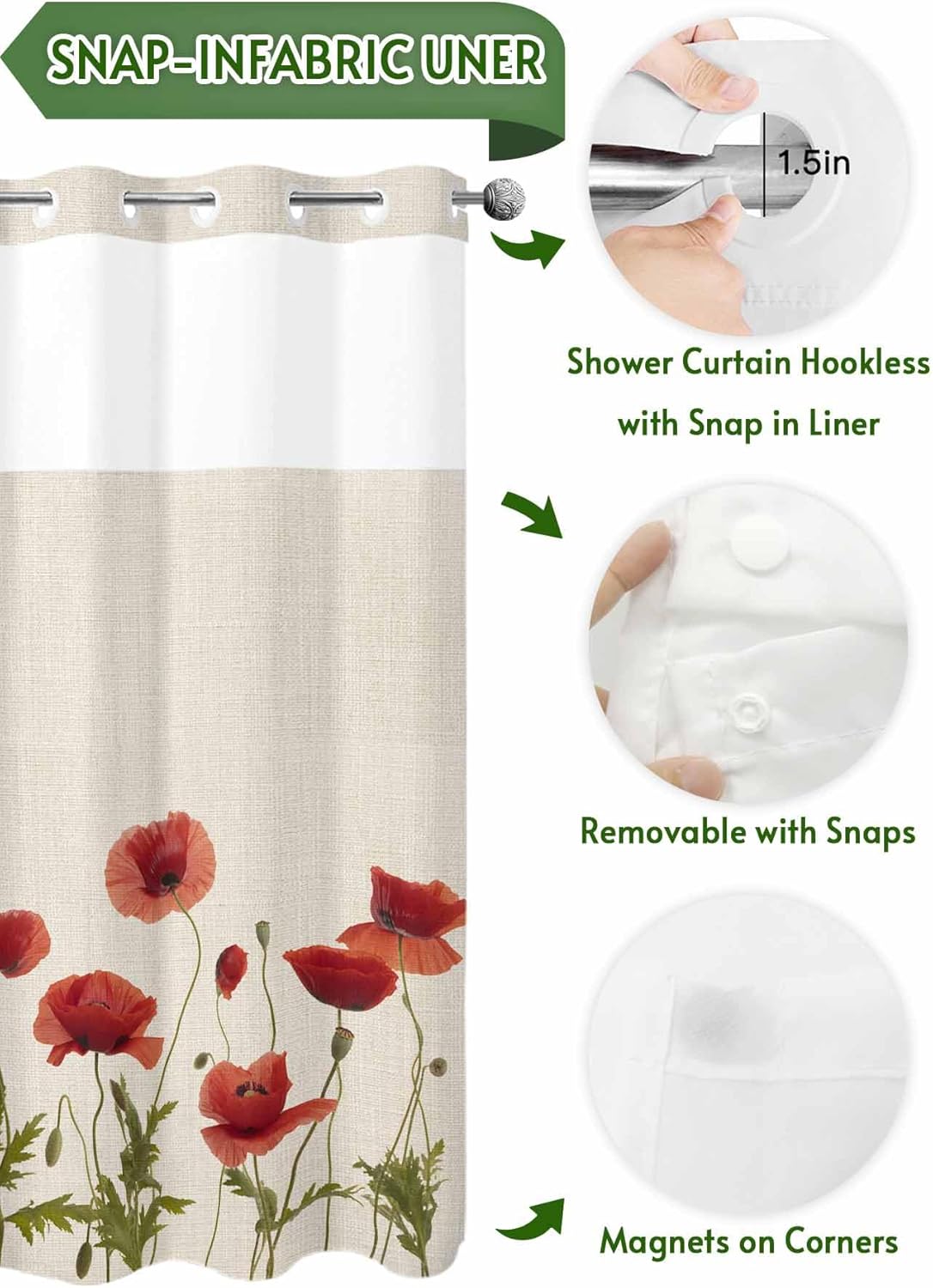 No Hooks Shower Curtain with Snap in Fabric Liner Set, Red Poppy Flower Leaves Plant Shower Curtains Waterproof Washable Bathroom Curtain with See Through Top Window,Hotel Style,60x72in Retro Linen