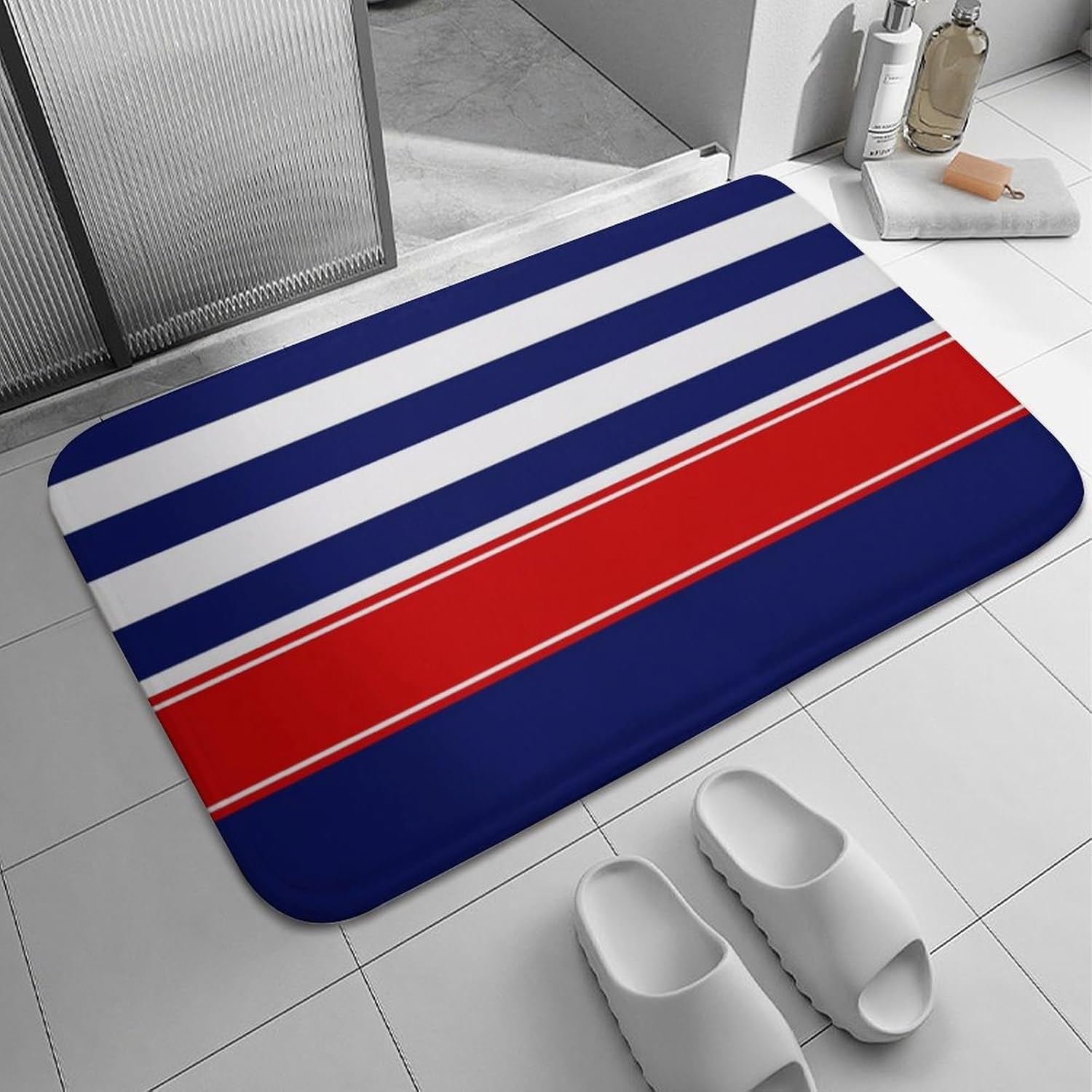 Luxury Bathroom Rug, Navy White Red Stripe Bath Mat Non Slip & Absorbent Bath Rug Carpets for Bathroom, 16 x 24inches