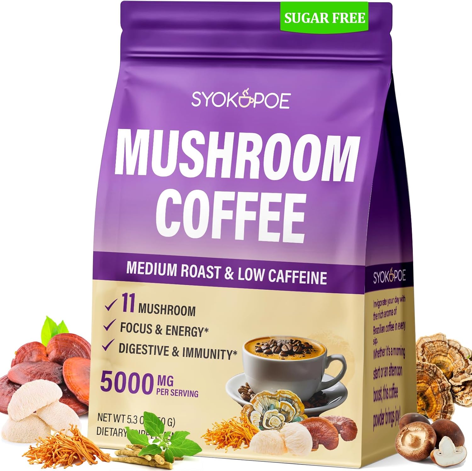 Mushroom Coffee Organic, 11 Mushrooms + 8 Adaptogenic Herb Mushroom Coffee for Focus, Energy, Digestion & Immune Support| Cordyceps, Lion’s Mane, Reishi, Chaga & Ashwagandha| Gluten Free, 30 Servings
