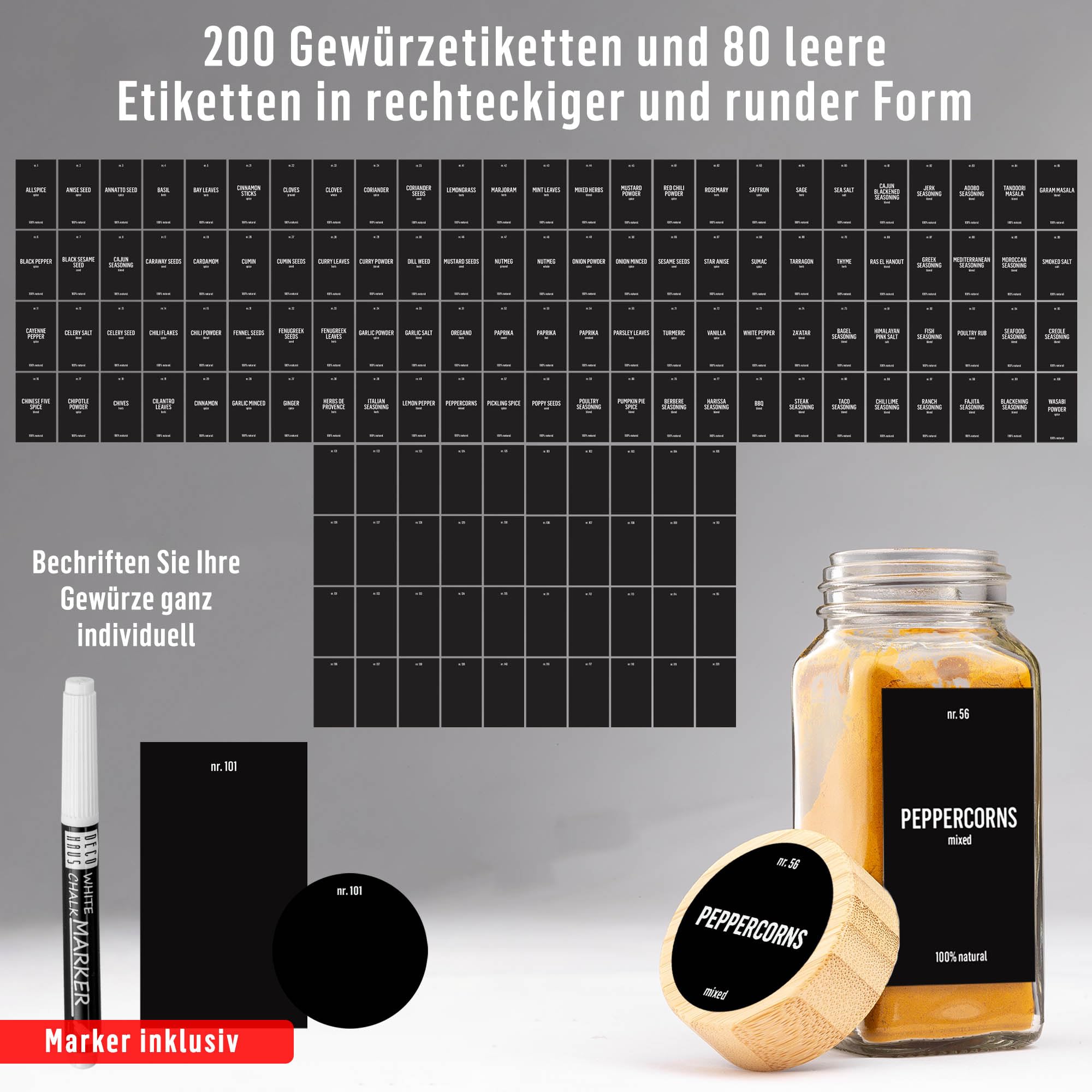 Deco Haus® Gewürzgläser eckig mit Holzdeckel 24er Set [+ Etiketten & Streueinsatz] - Gewürzdosen Set Glas - Gewürzbehälter Spice Jars - Aufbewahrung - Behälter für Gewürze - Gewürzaufbewahrung