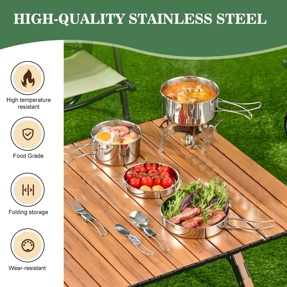 Set di Pentole da Campeggio Acciaio Inox Stoviglie da Campeggio Pieghevole in Acciaio Inox 2-3 Persone con Pentola Padella Posate Piatti Ciotole per Campeggio Trekking Picnic Escursionismo
