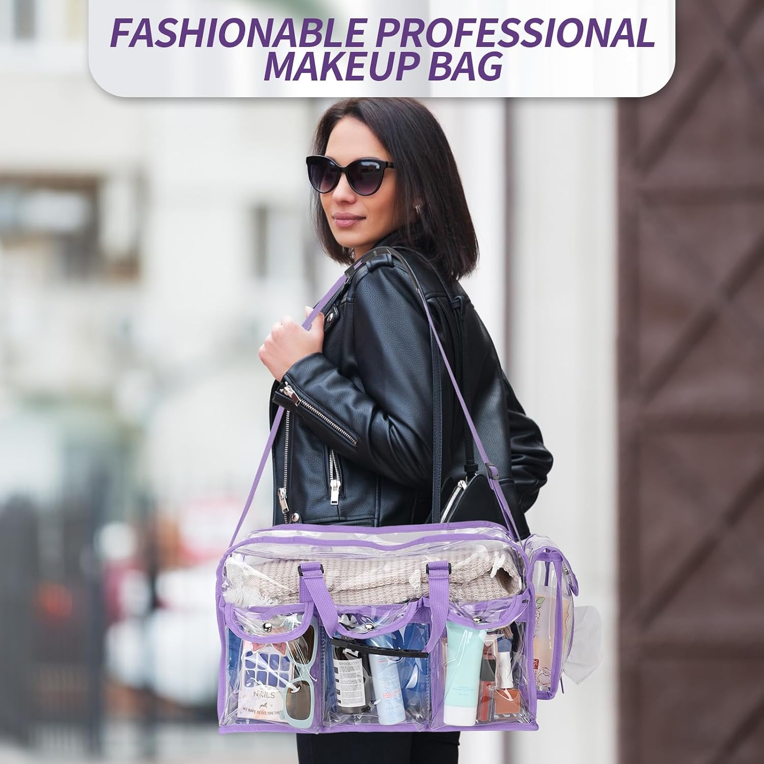 Abbylike 2 Pcs Large Professional Clear PVC Travel Makeup Bag with 4 External Pockets and Shoulder Strap Zippered Toiletry Bags for Women(Multicolor)