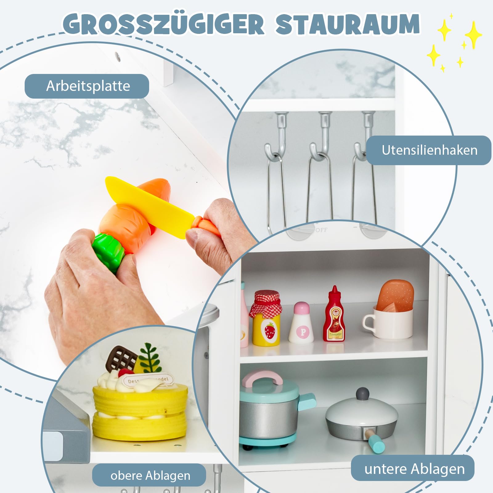 DREAMADE Kinderküche aus Holz mit 16 TLG. Spielzubehör, Kinder Küche Eckküche mit Tafel Herd Spüle Backofen, Spielküche mit Licht und Sound für Kinder Mädchen ab 3 Jahren(Weiß)