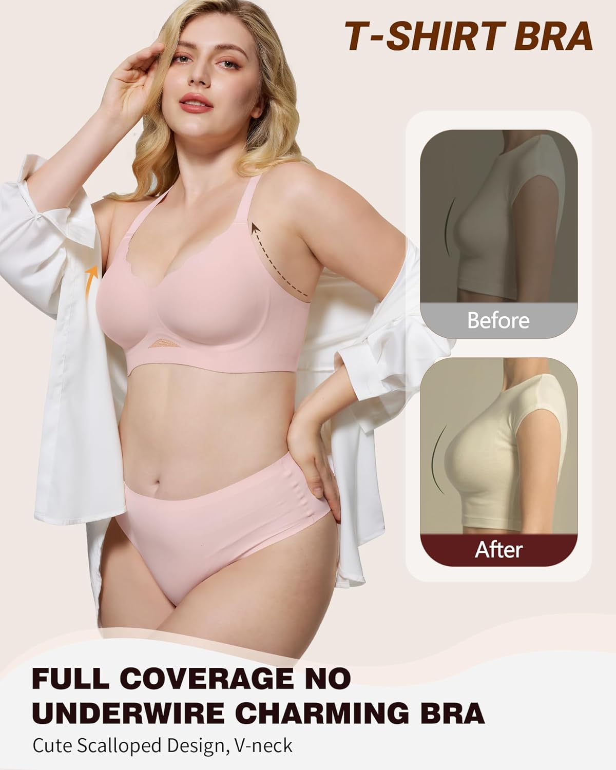 HORISUN Women's Wireless Push Up Bralette - No Underwire Scalloped V-Neck Full Coverage Soft Support Bra - Image 5