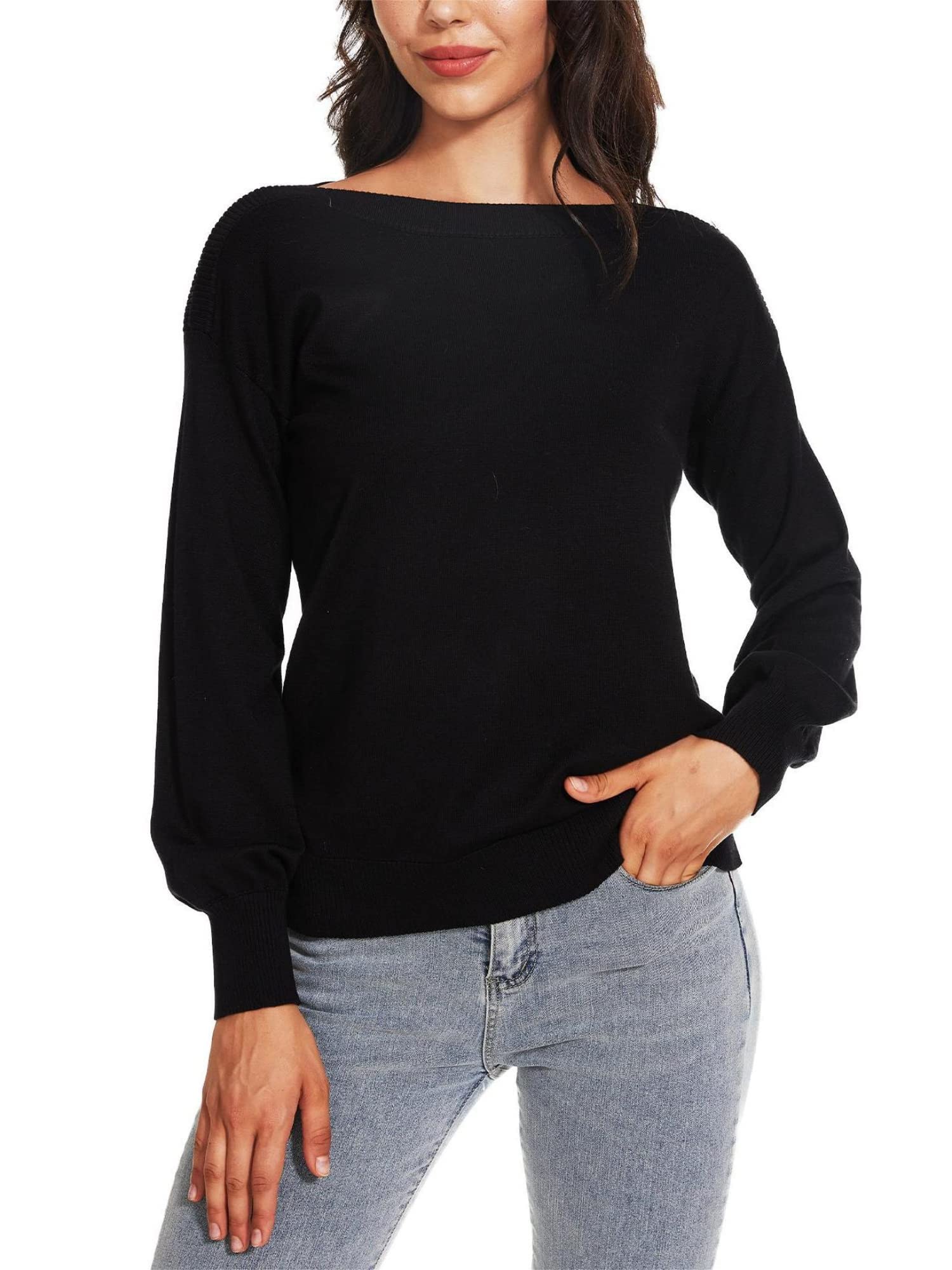Womens Boat Neck Long Sleeve Sweaters Casual Lightweight Knit Pullover Tops Fall Winter Trendy