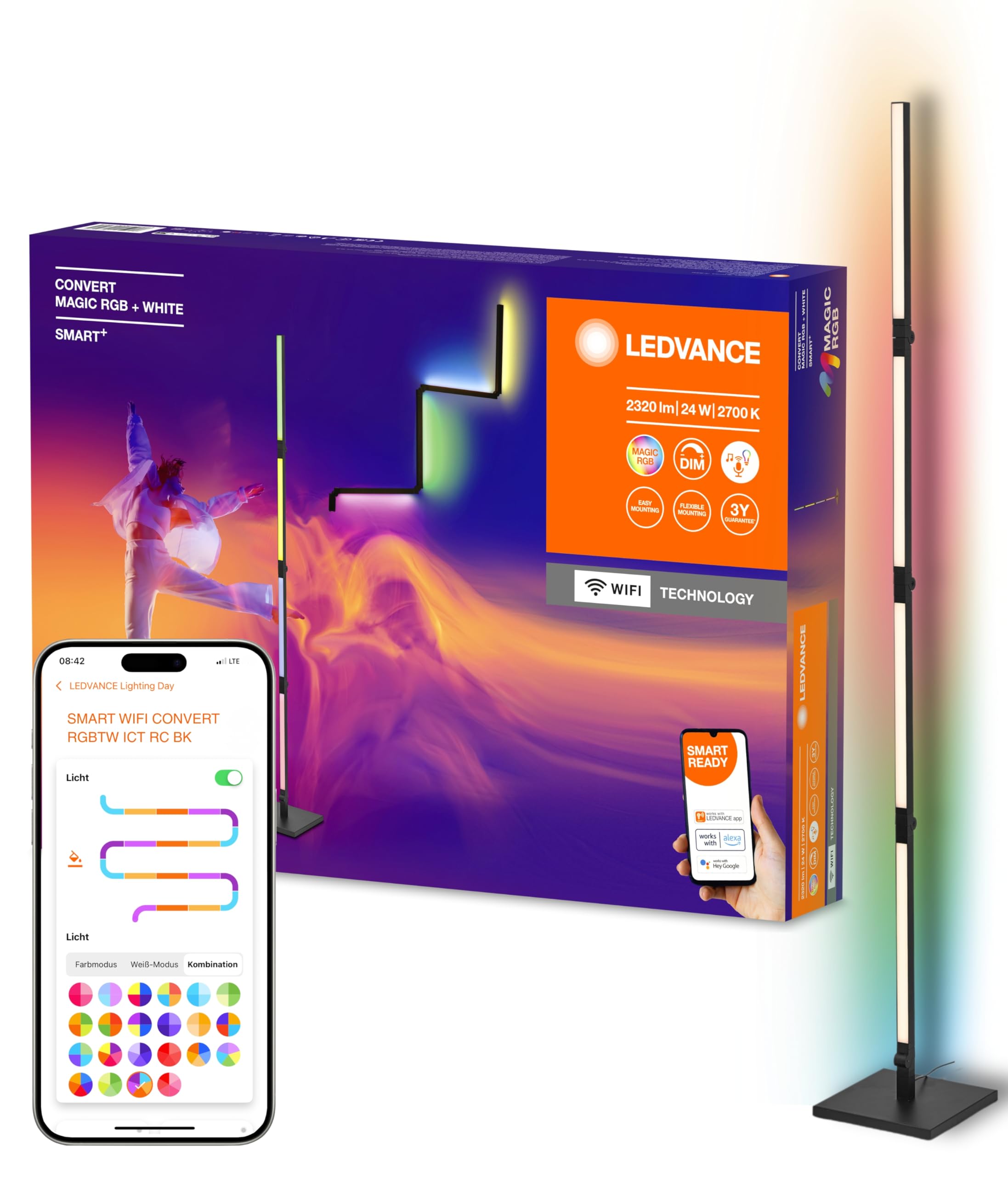 LEDVANCE SMART+ WIFI CONVERT Wand- & Stehleuchte, schwarz, 24W, 2320lm, regulierbares Weiß- & Farblicht, dimmbar, lange Lebensdauer, dynamischer Magic RGB-Lichteffekt, App-steuerbar, 2700K - 6500K