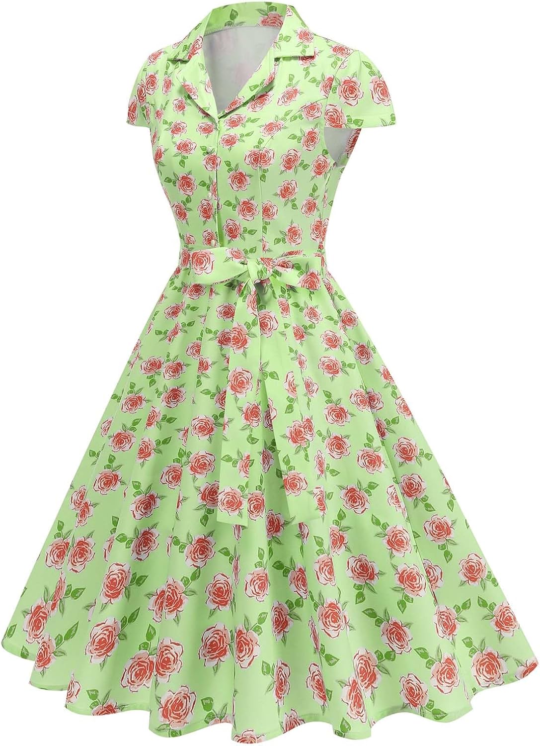 ODIZLI Women's 1950s Vintage Dress Cap Sleeve Floral Print Midi Dresses with Belt A Line Swing Rockabilly Dress