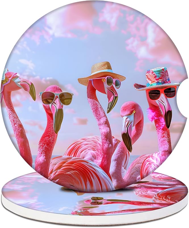 Kit com 2 Porta-Copos para Carro em Cerâmica Absorvente Estampa Flamingo Rosa GAMSJM