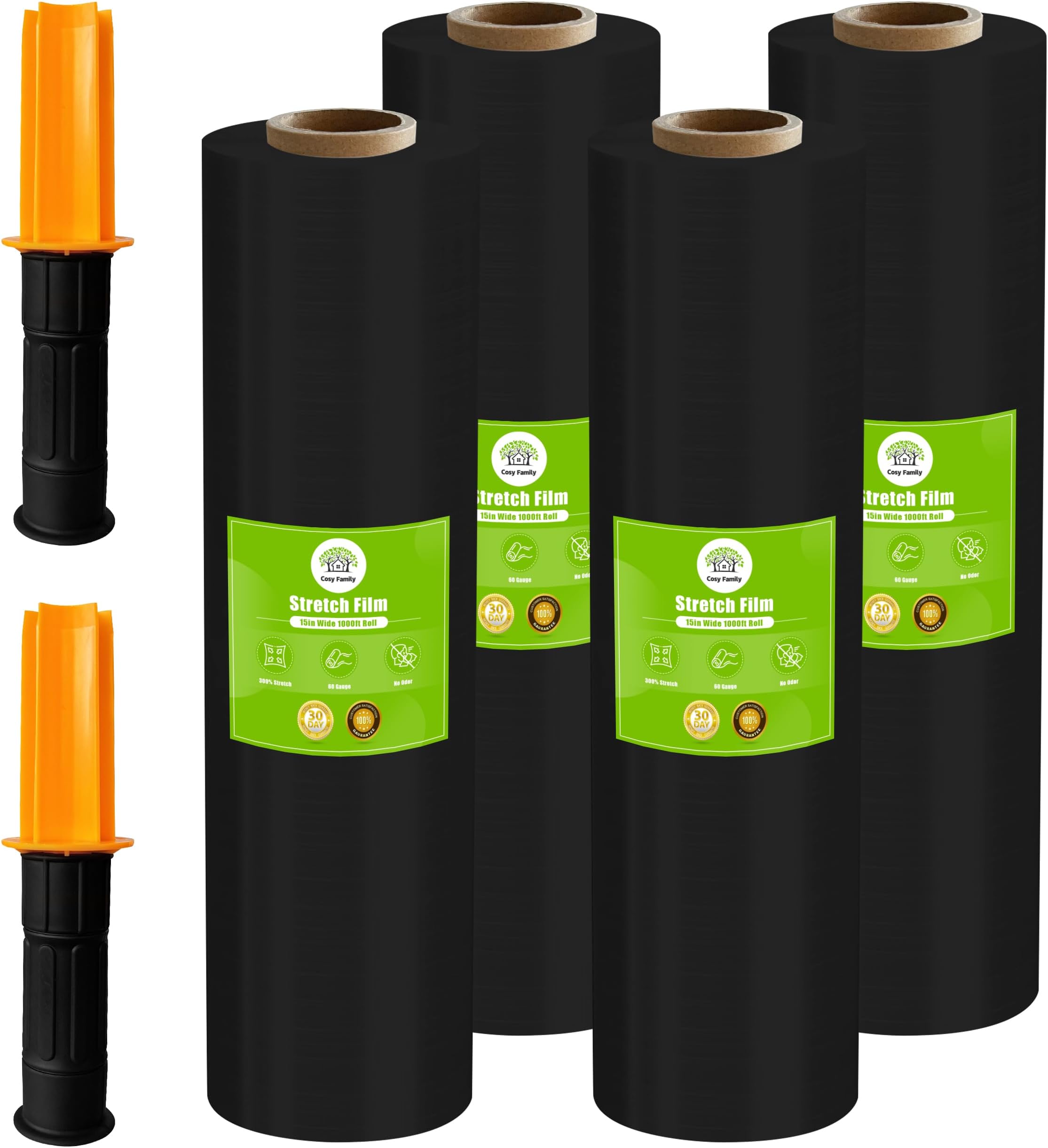 Cosy Family Plastic Wrap Stretch Film Roll - 1000ft 60 Gauge Industrial Strength 15 inch Wide Plastic Wrap Roll with Handles for Pallet Wrapping Shipping Moving - Black, Pack of 4