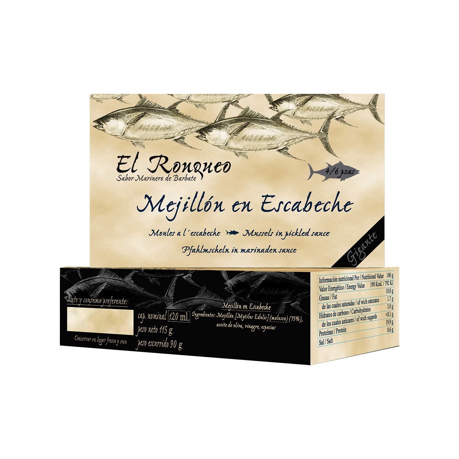 El Ronqueo Mejillones en Escabeche Gigantes 120 g (4/6 piezas) Conserva de Marisco Gourmet