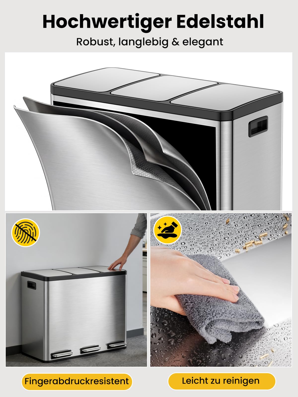 YEAUPE PRO Poubelle Cuisine 3x18L à Pédale, 54L Inox Poubelle Tri Sélectif 3 Compartiments, Triple Ouverture Indépendante, Soft Close Silencieux, Bacs Amovibles, 15 Sacs Inclus