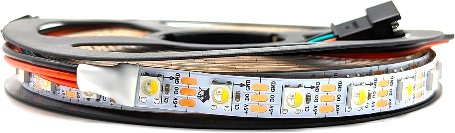 Individually Addressable LED Light Strip - RGBW RGBCW - SK6812-5M 16.4FT Roll - 60 Pixels per Meter 150 Total - White PCB - 5VDC - IP20