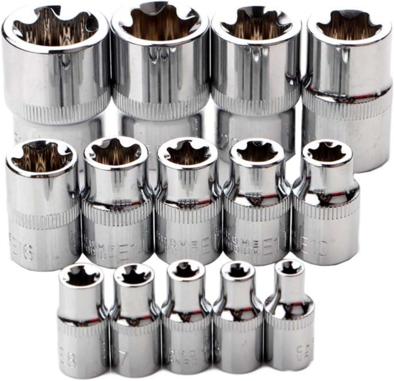 14 Pcs Female E Torx Socket Set with Case,1/4" 3/8" 1/2" Drive,E4 - E24 External Torque Socket Kit for Car, Motorcycle, Bicycle, electrical equipment, Machinery Maintenance