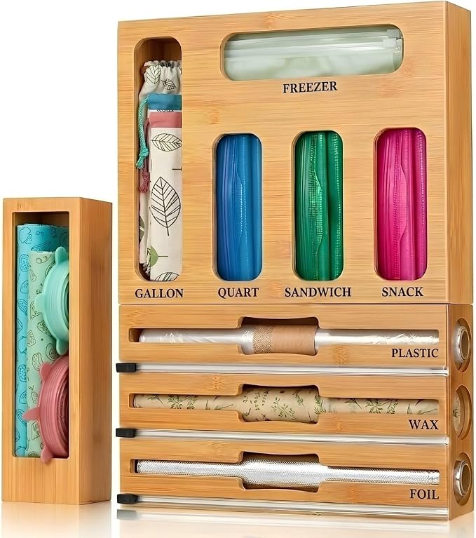 9 IN 1 Storage Bag Organizer for Kitchen Drawer, Bamboo Foil and Plastic Wrap with Cutter, Ziplock Bag Organizer for Gallon, Quart, Sandwich & Snack Bags - Aluminum Foil Organizer