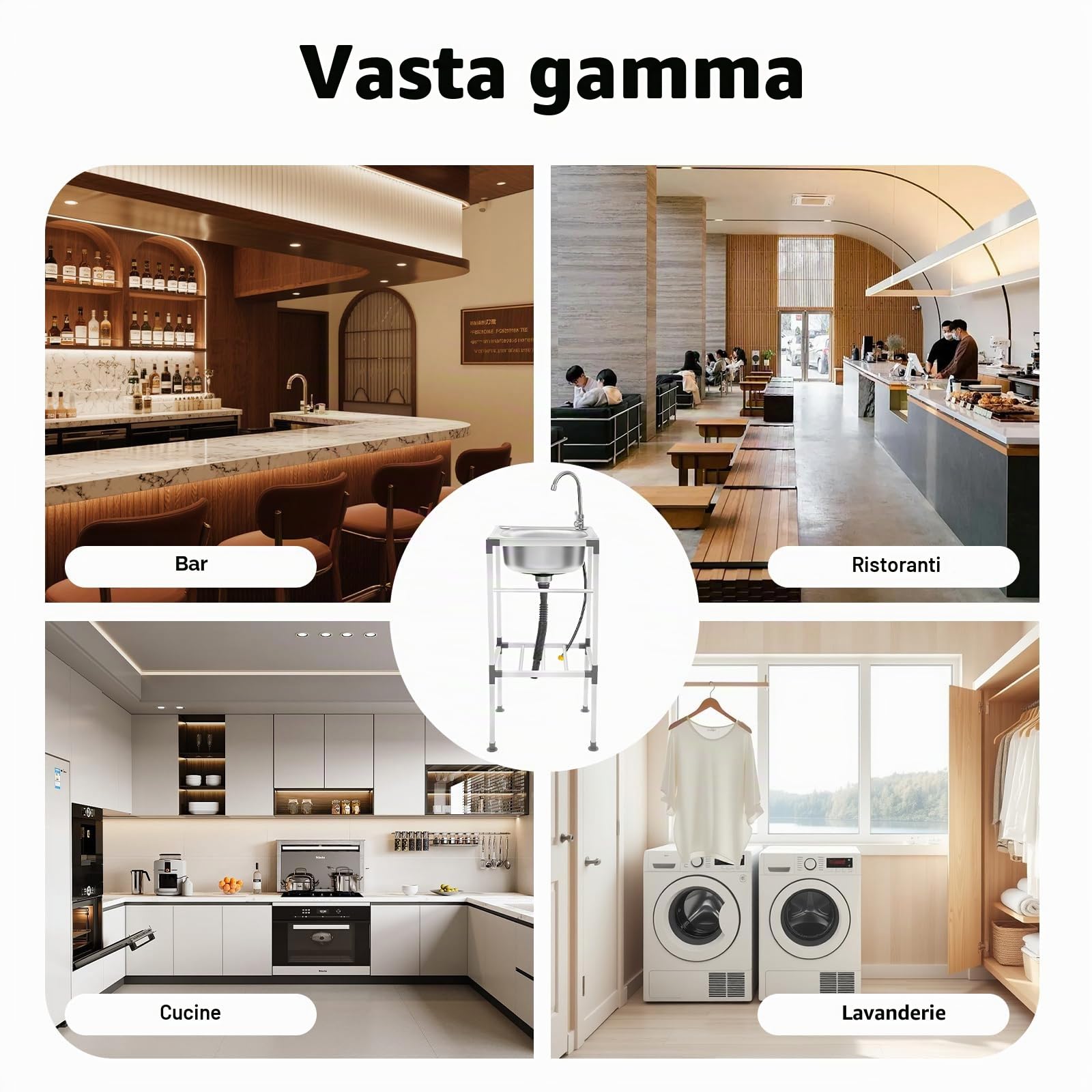 Lavabo Indipendente in Acciaio Inox, Lavello Per Cucina con Rubinetto Dell'acqua Fredda e Cestello Filtro, Lavello Da Esterno con Scarico, Massima 60 kg (38 x 33 x 83 cm)