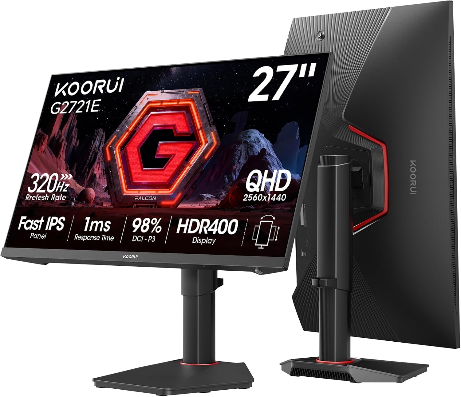 KOORUI ゲーミングモニター 27インチ WQHD 2560x1440 320Hz対応 Fast IPS 1ms OD HDR400 DCI-P3 98% HDMI2.1 2ポート DP1.4 昇降式スタンド ピボット対応 G2721E