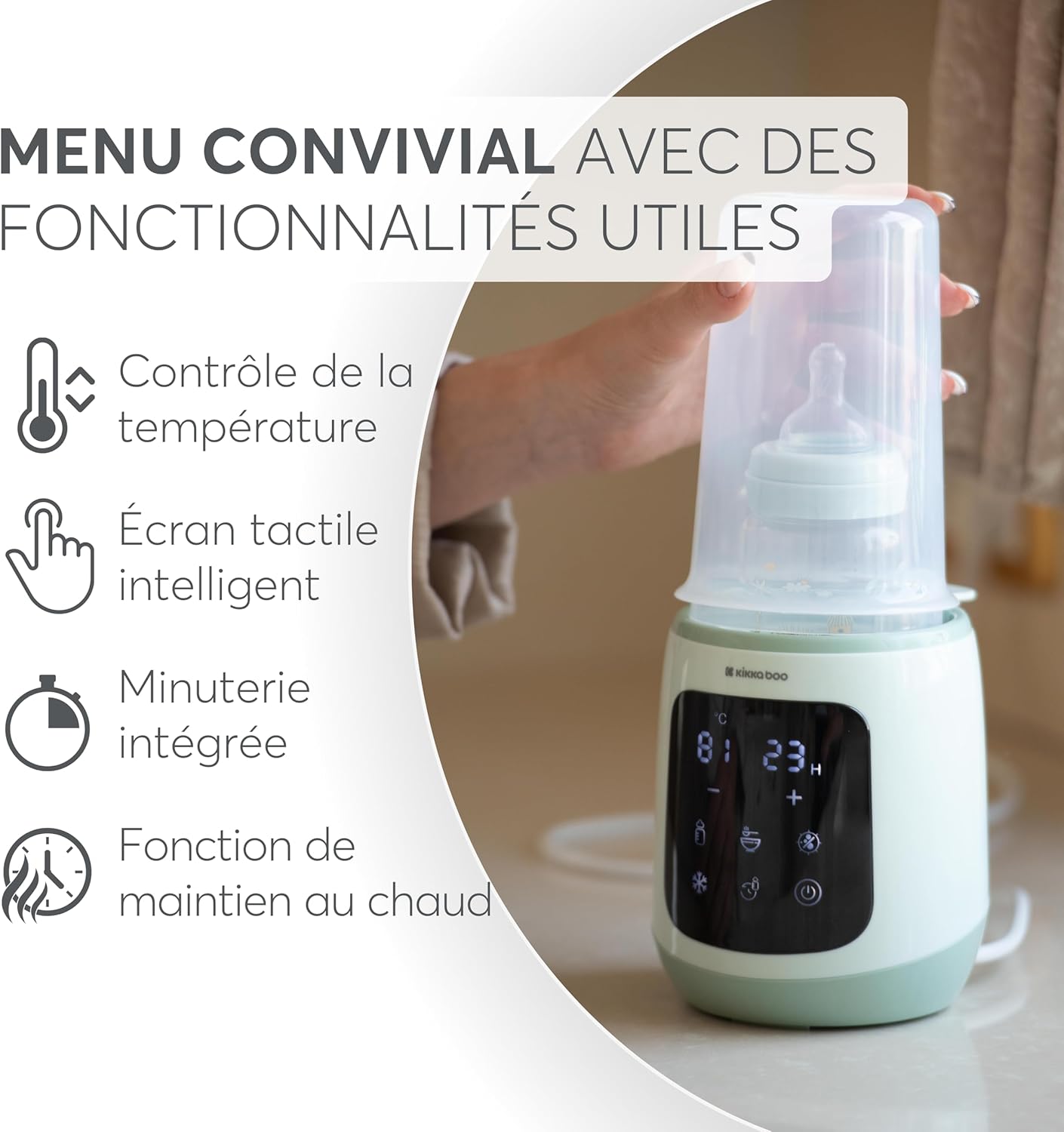 KikkaBoo CALDO 4-in-1 Electric Bottle Warmer showing user-friendly menu with temperature control, smart touch screen, integrated timer, and keep-warm function.