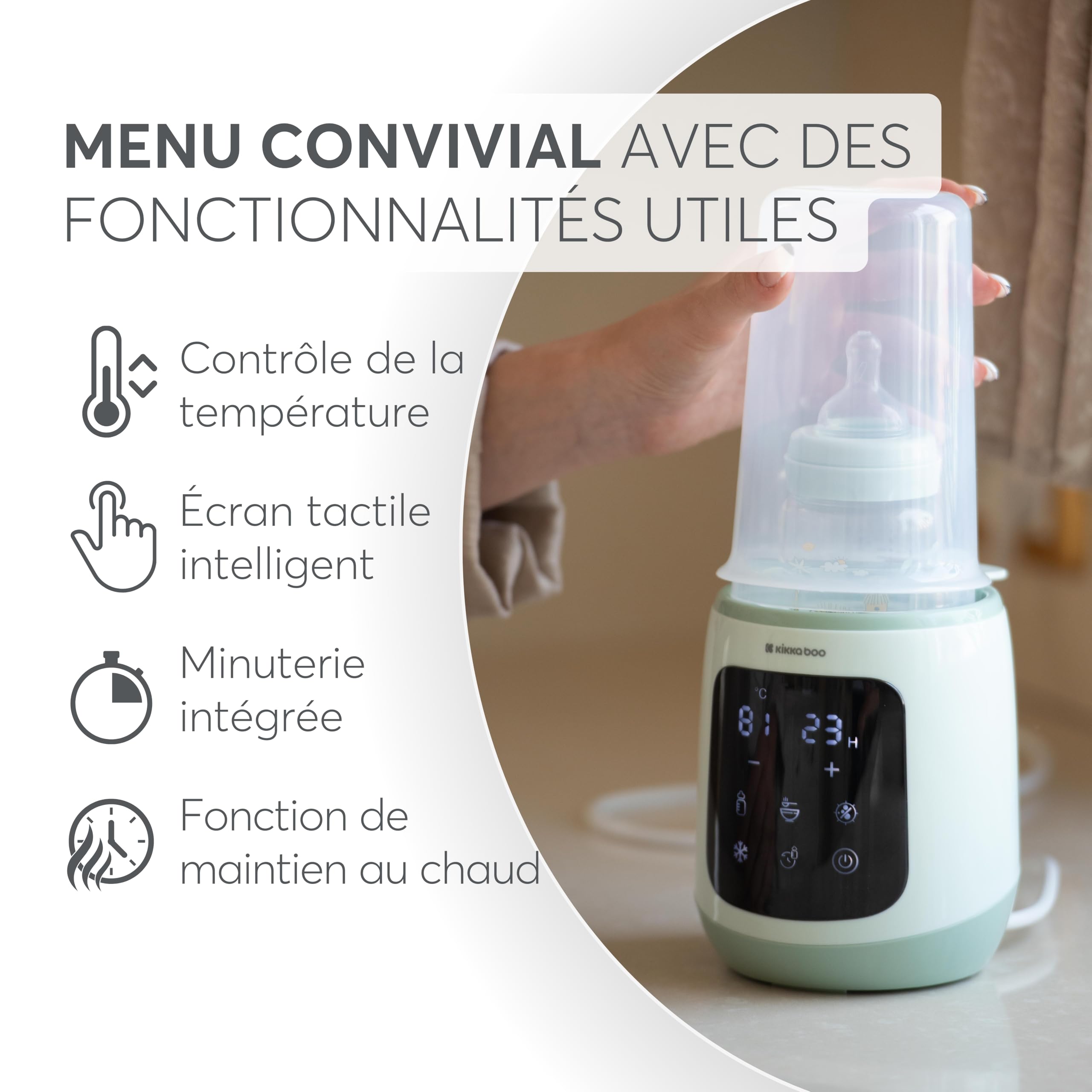 KikkaBoo Chauffe-biberon Électrique 4 en 1 CALDO, Chauffe Lait Maternel & Petits Pots, Stérilisateur Vapeur, Maintien au Chaud, Chauffe Rapide, Compatible Biberons Standards, Menthe