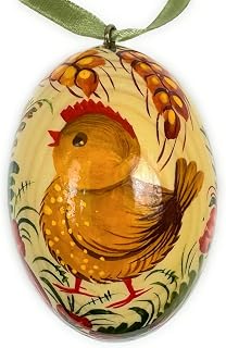 Painted Wooden Easter Egg 6-6,5 cm with Chicken Ukrainian Traditionally Hand Painted with Floral Motives Folk Art in Petrykivka Style Pysanky