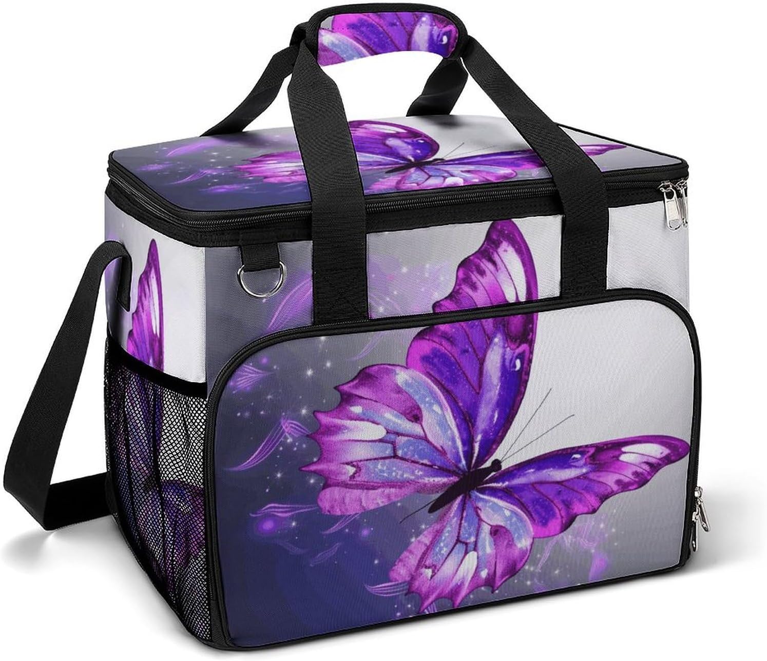 Large Capacity Oxford Cloth Purple Butterfly Printed Camping Ice Bag, Outdoor Portable Insulation and Cooling Bag, Suitable for Outdoor Camping and Picnics