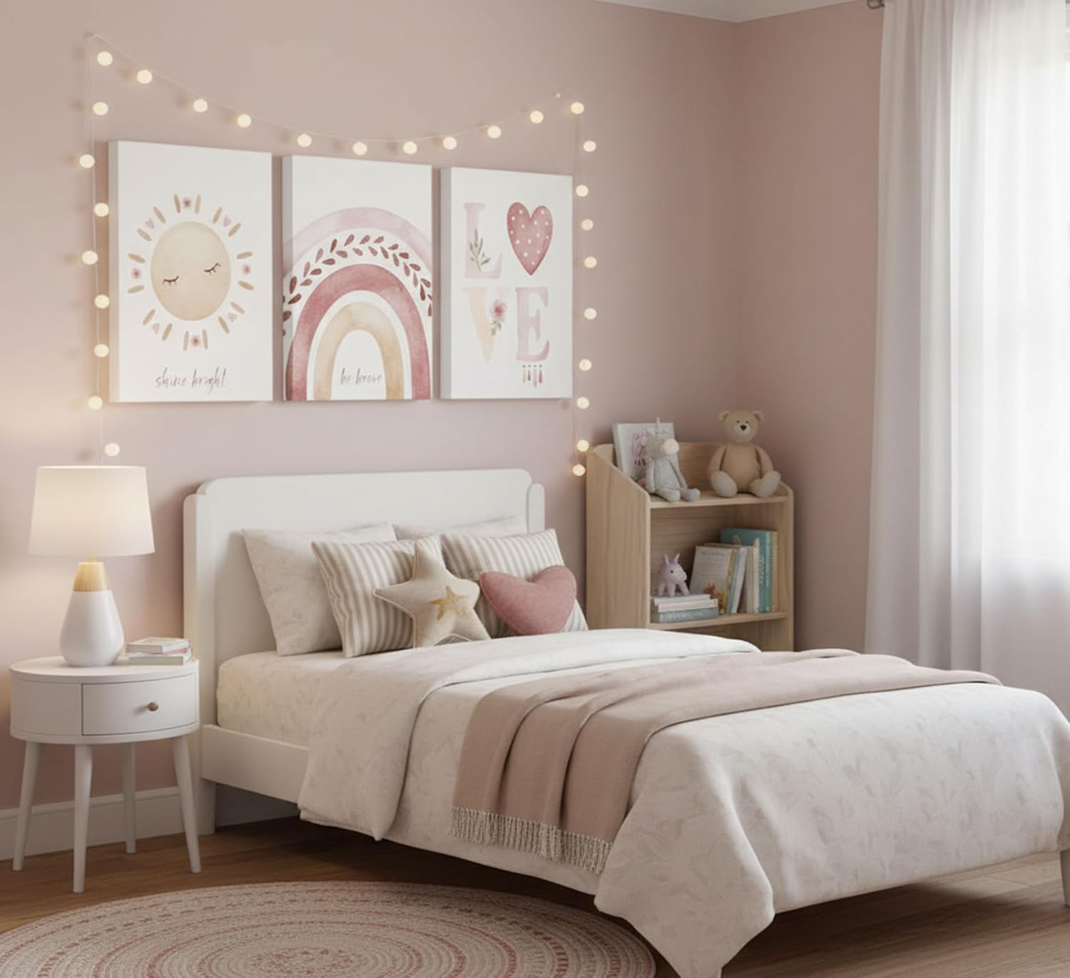 3 Pcs Nursery Canvas Wall Art Pink Sun Rainbow Hearts Posters Prints Boho Kids Room Pictures Wall Decor for Toddlers Children Baby Girl Bedroom Home Decoration