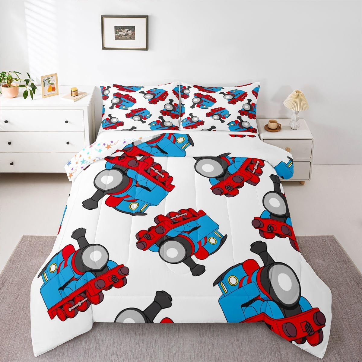Feelyou Train Bedding Set Kids Cartoon Car Comforter Set Boys Girls Train Travel Decor Comforter Microfiber Construction Red Blue Duvet Bedroom Quilt King Size