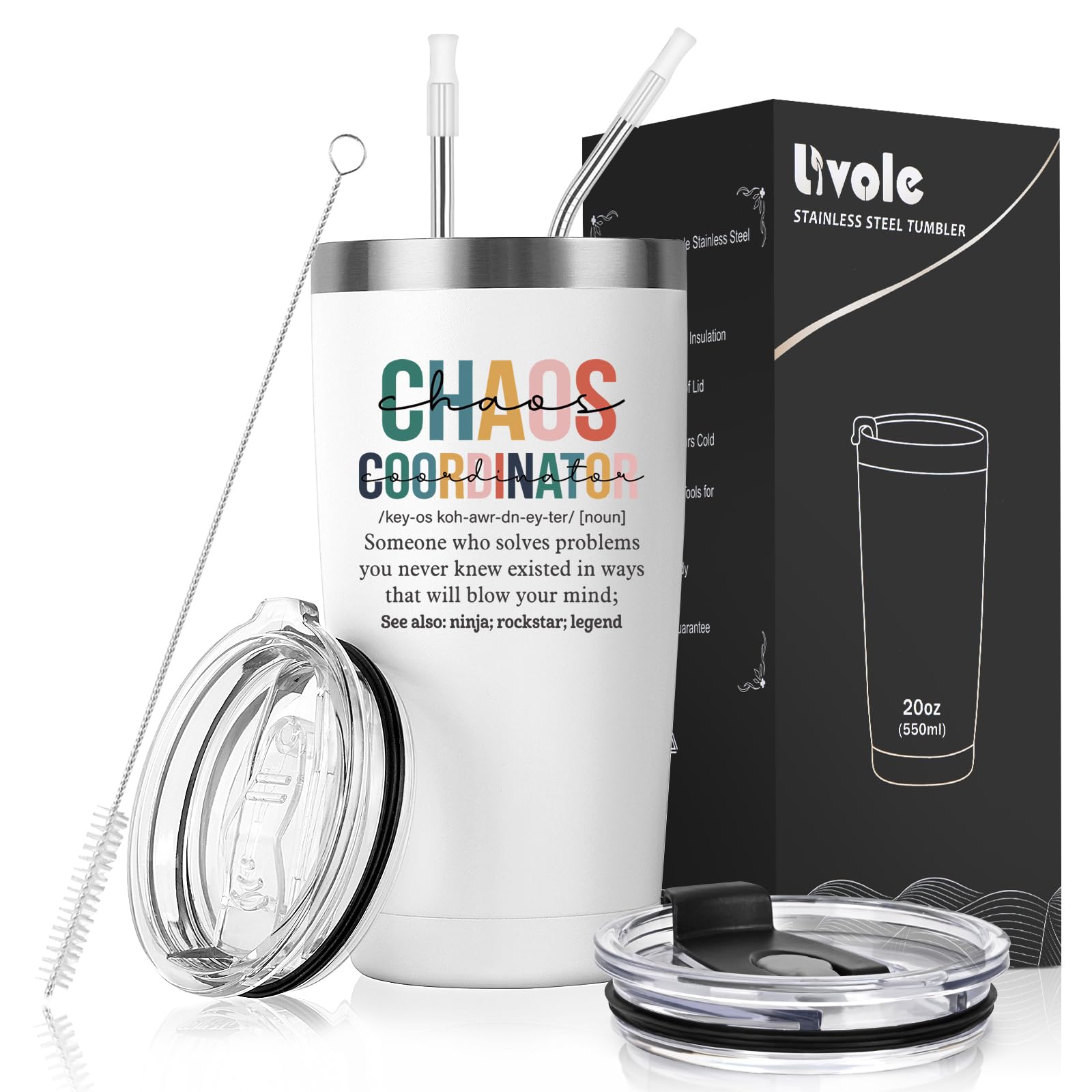 Livole Teacher Boss Manager Mug, Chaos Coordinator, Christmas Gifts for Men, Women, Presents for Teachers, Colleagues, Friends, Thank You Gifts, Funny Work Mug, 20oz Double Walled Travel Tumbler
