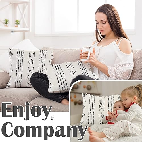 Miniatura 3 de jinchan Juego de 2 fundas de almohada de lino con patrón geométrico de rayas bohemias con textura para sofá, cama, sala de estar, 18 x 18 pulgadas,