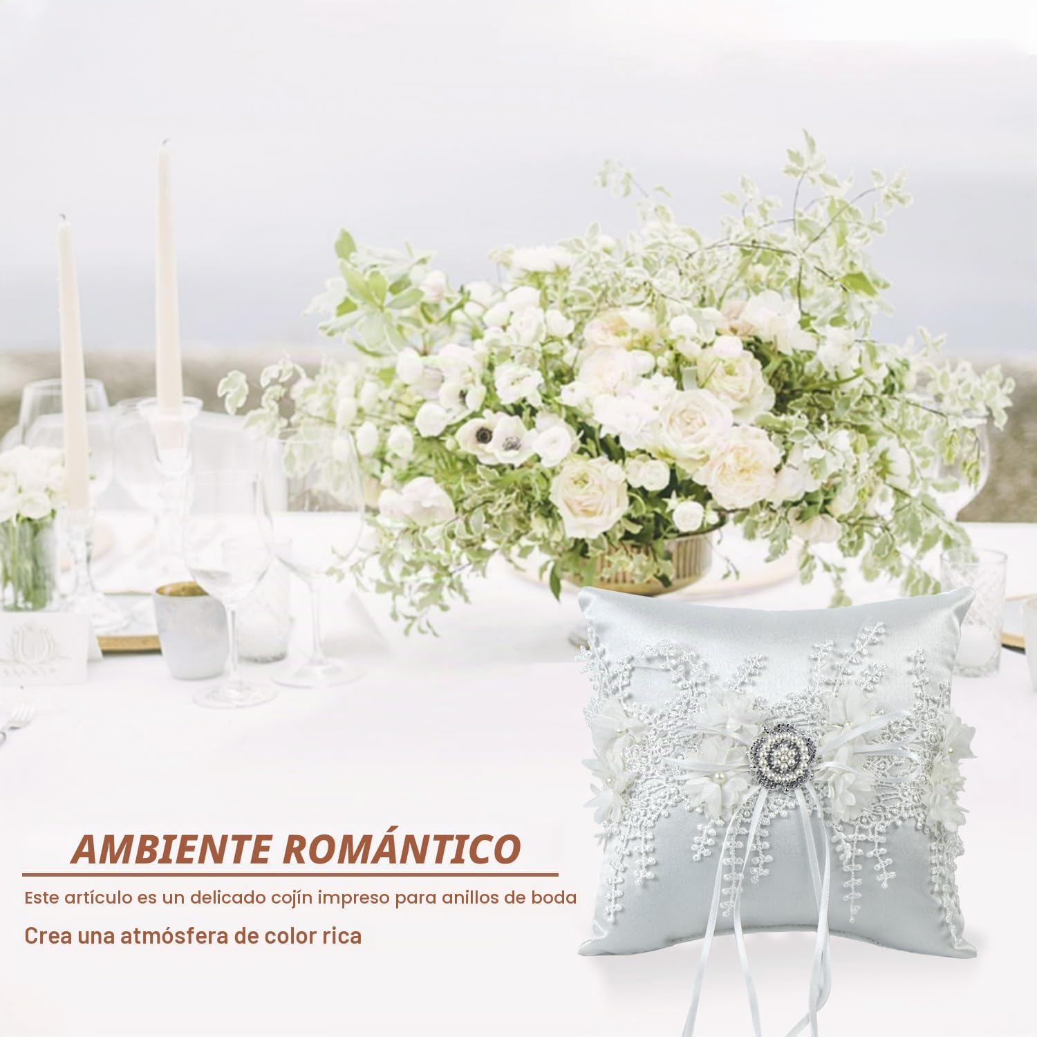Cojin de Anillos Boda Vintage Porta Alianzas Blanco Anillos de Boda Almohada 18x18cm con Cinta y Perlas Artificiales Accesorios de Compromiso de Boda