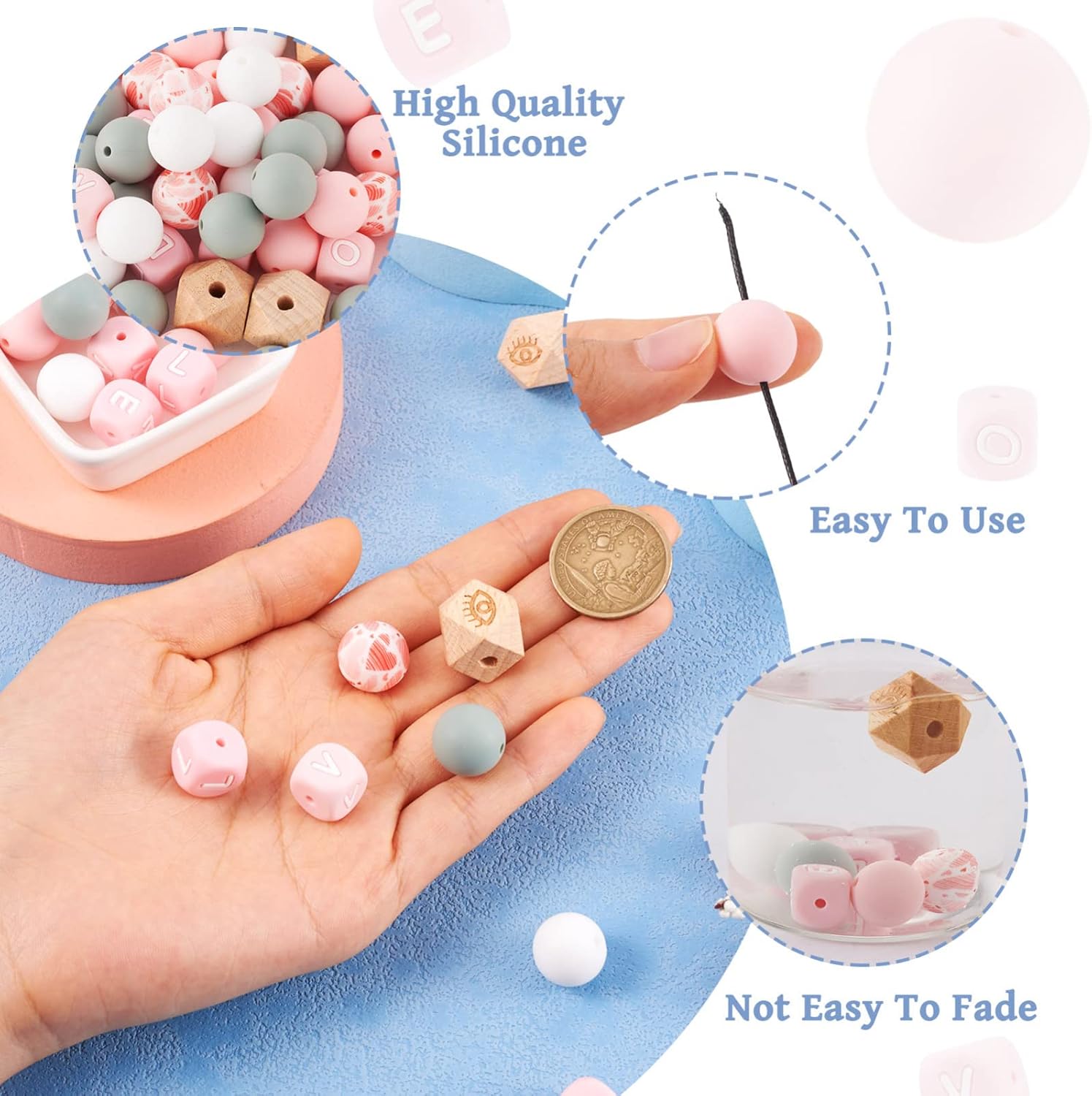 Crafans 81Pcs Silicone Bead Kit for Jewelry Making, 15mm Round Beads 12mm Cube Letter Beads Large Hole Wooden Beads with Eye Pattern for Beadable Pens Keychains DIY Gift Crafts